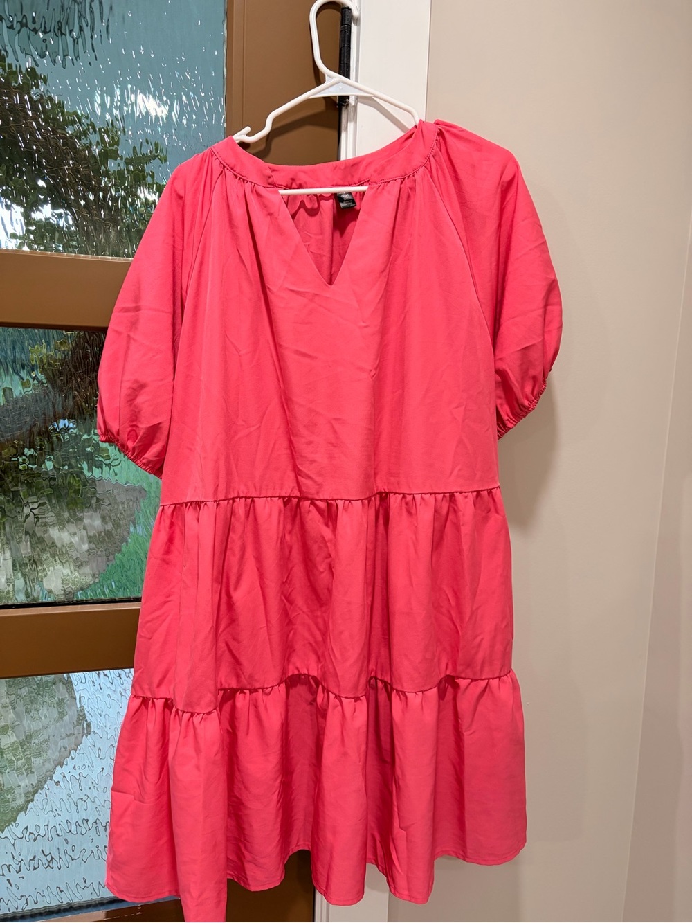 SHEIN Hot Pink Tiered V-Neck Puff Sleeve Dress